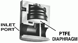 bsda air operated diaphragm valve cutaway image showing PTFE diaphragm.